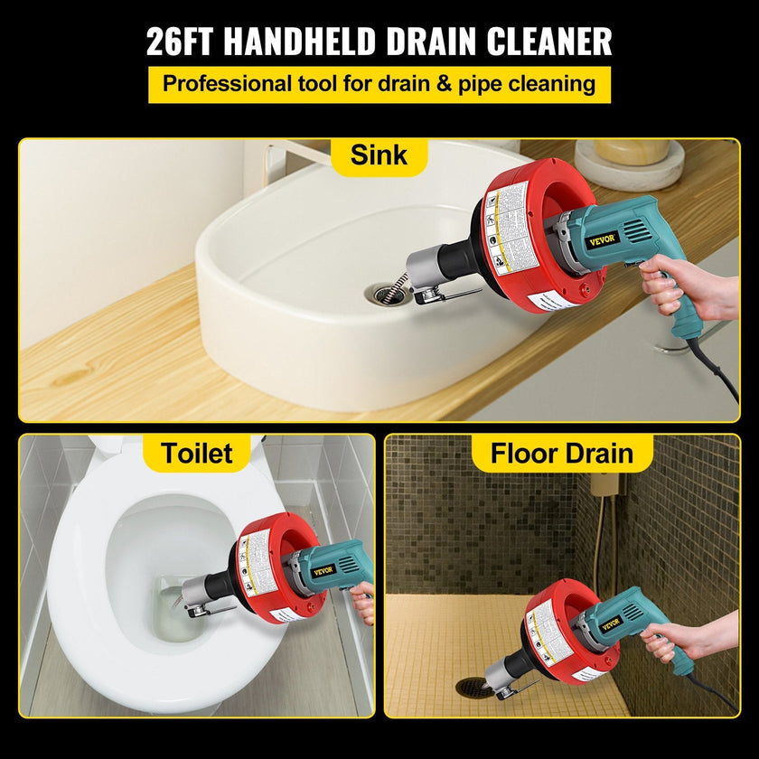 VEVOR 26 Ft Portable Electric Drain Auger Best fit 0.8Inch (20mm)-2.6Inch (65mm) Pipes Electric Drain Snake Lightweight Drain Cleaner Machine Drain Cleaning, Red