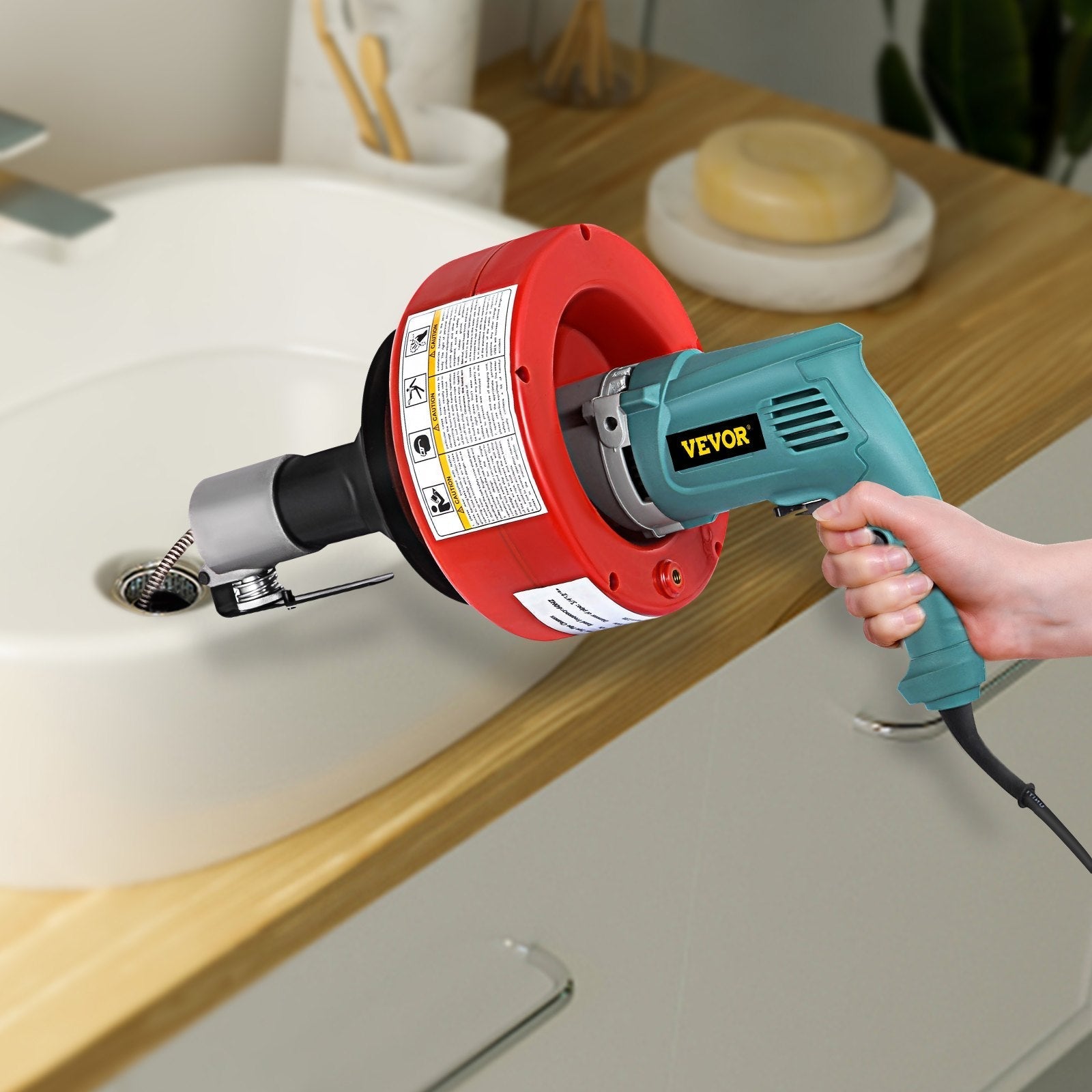 VEVOR 26 Ft Portable Electric Drain Auger Best fit 0.8Inch (20mm)-2.6Inch (65mm) Pipes Electric Drain Snake Lightweight Drain Cleaner Machine Drain Cleaning, Red