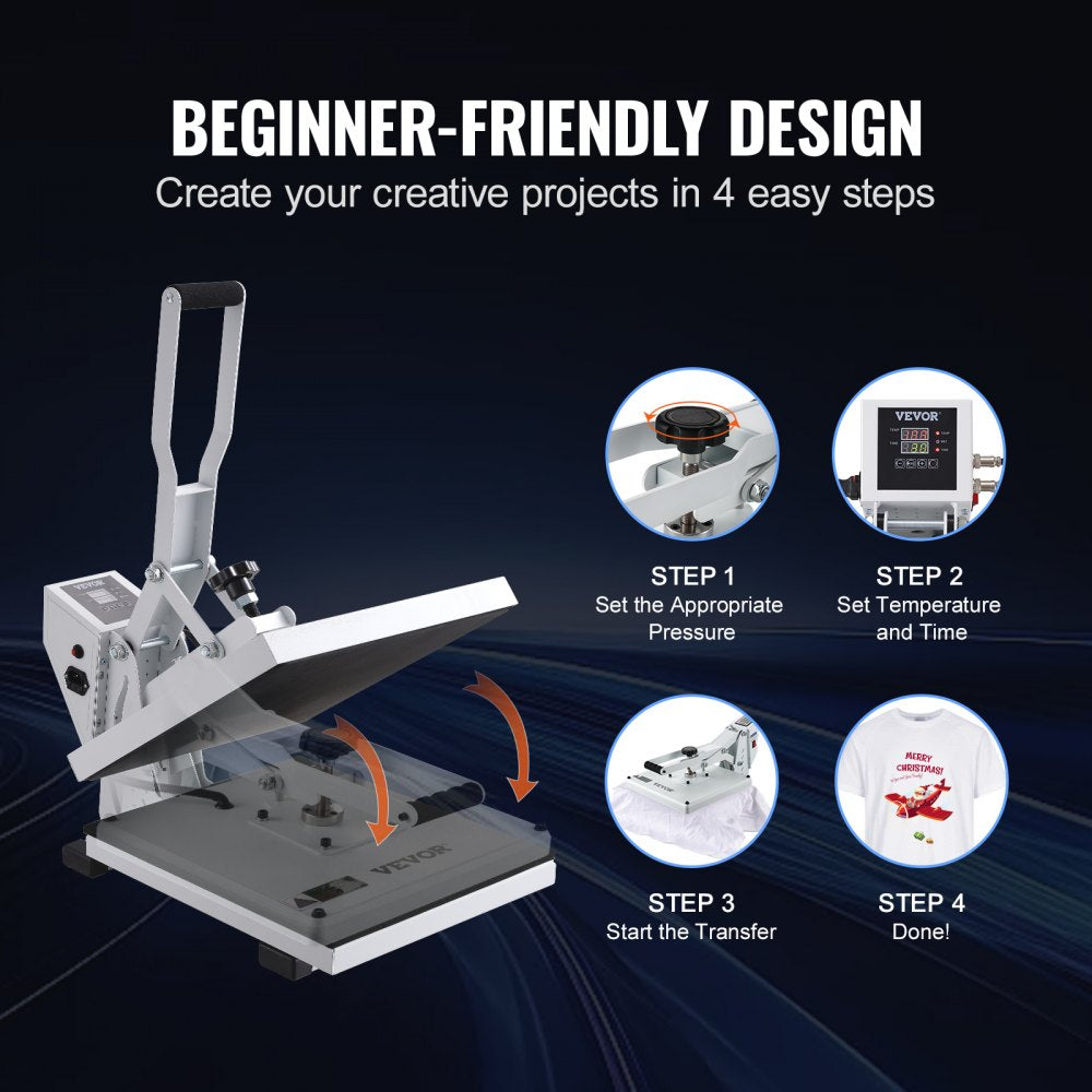 VEVOR Heat Press Machine, 15x15in / 38x38cm, Clamshell Sublimation Transfer Printer with Teflon Coated, Digital Precise Heat Control, Silica-Gel Sponge Powerpress for T-Shirt Bag Pad, White