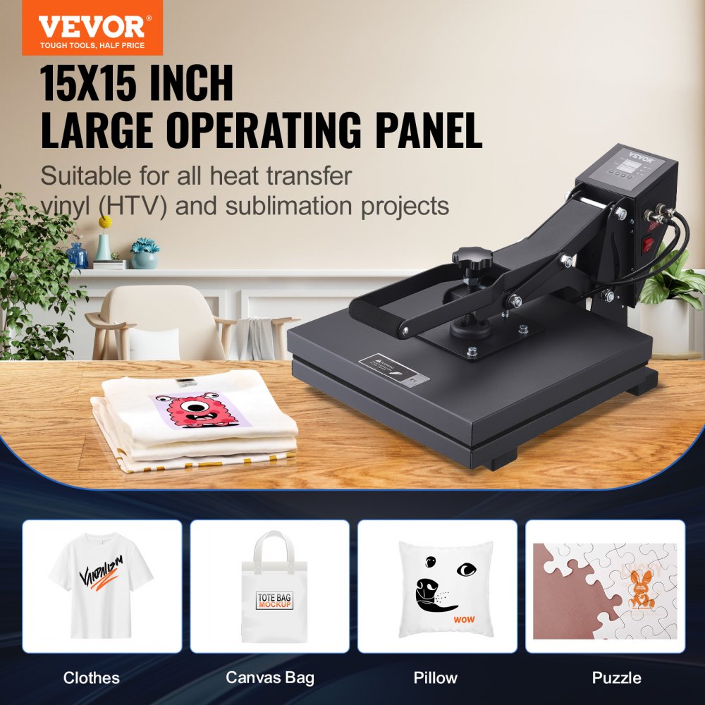VEVOR Heat Press Machine, 15x15in / 38x38cm, Clamshell Sublimation Transfer Printer with Teflon Coated, Digital Precise Heat Control, Silica-Gel Sponge Powerpress for T-Shirt Bag Pad, Black