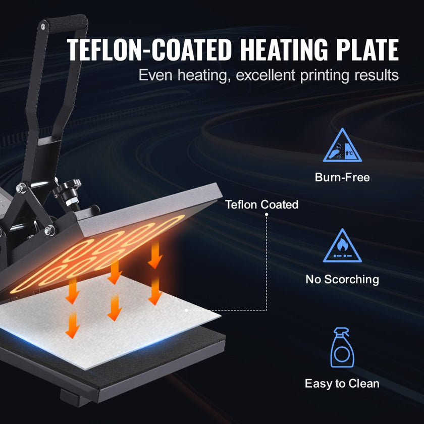 VEVOR Heat Press Machine, 15x15in / 38x38cm, Clamshell Sublimation Transfer Printer with Teflon Coated, Digital Precise Heat Control, Silica-Gel Sponge Powerpress for T-Shirt Bag Pad, Black