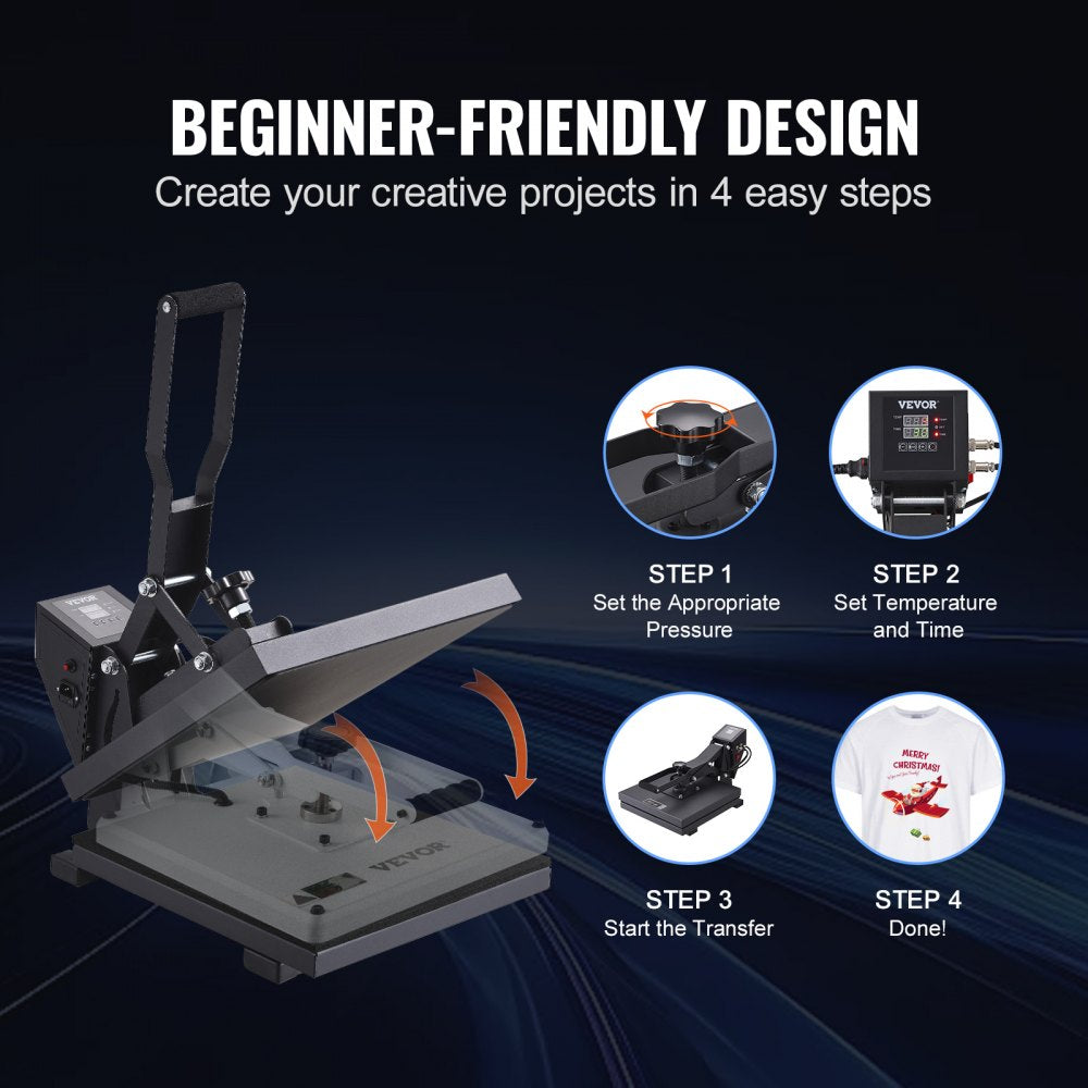 VEVOR Heat Press Machine, 15x15in / 38x38cm, Clamshell Sublimation Transfer Printer with Teflon Coated, Digital Precise Heat Control, Silica-Gel Sponge Powerpress for T-Shirt Bag Pad, Black