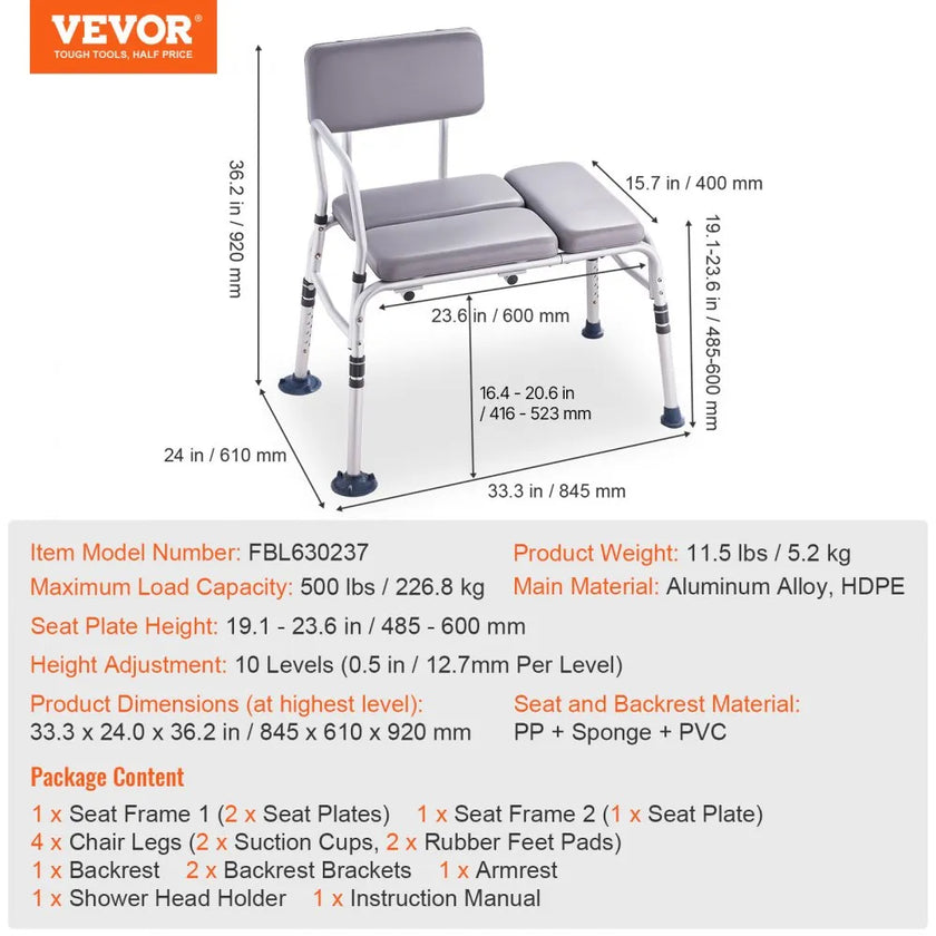 VEVOR Tub Transfer Bench for Bathtub 500lbs, Shower Seats for Adults, Lightweight Shower Bench for Elderly and Disabled with Padded Seat,  Non-Slip Bath Seats with Armrest and Reversible Backrest