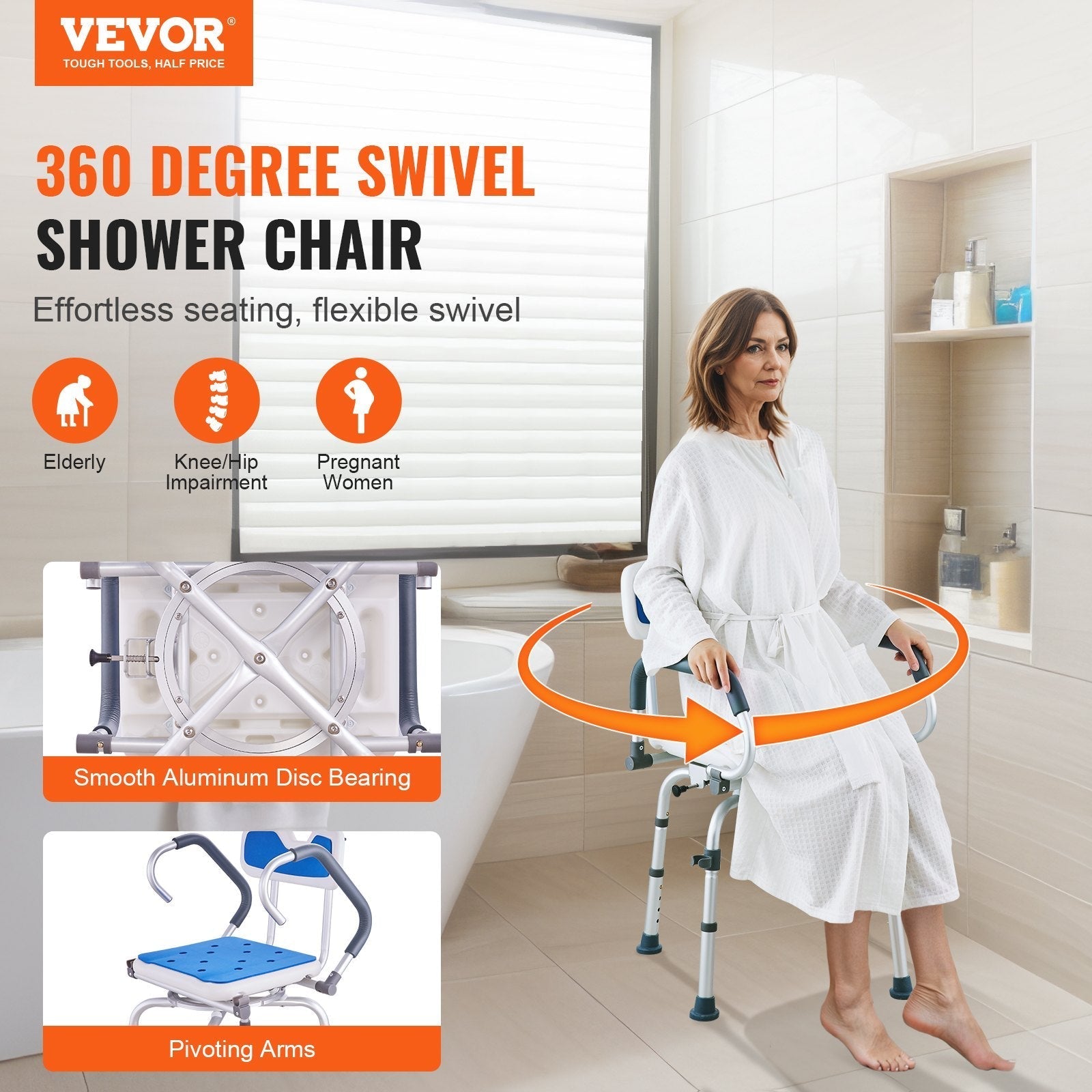 VEVOR Shower Chair 360° Swivel Bathtub Shower Seat with Pivoting Arms 400LBS