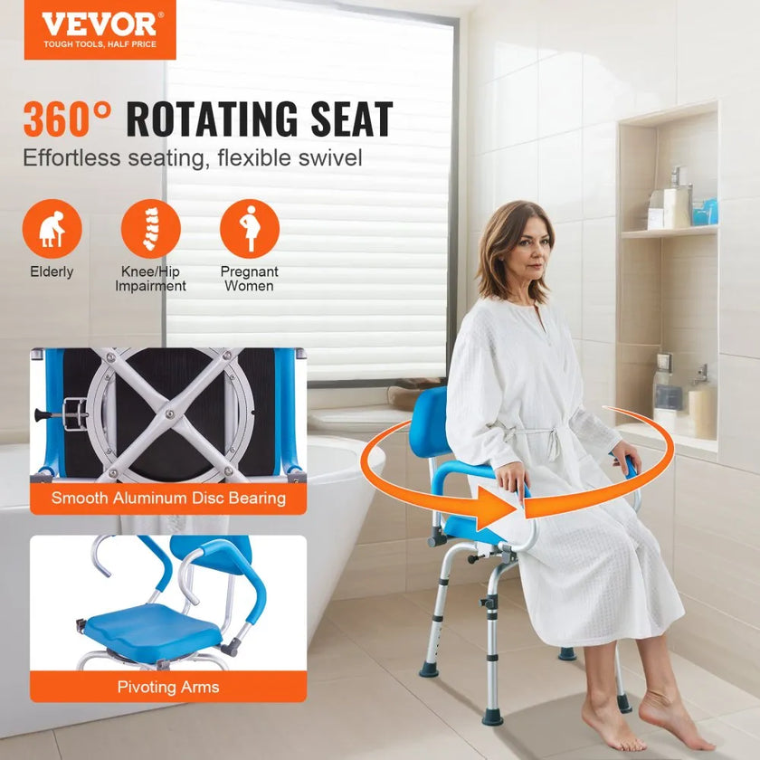 VEVOR Shower Chair 360° Swivel Shower Seat & Pivoting Arms Padded Seat 300LBS