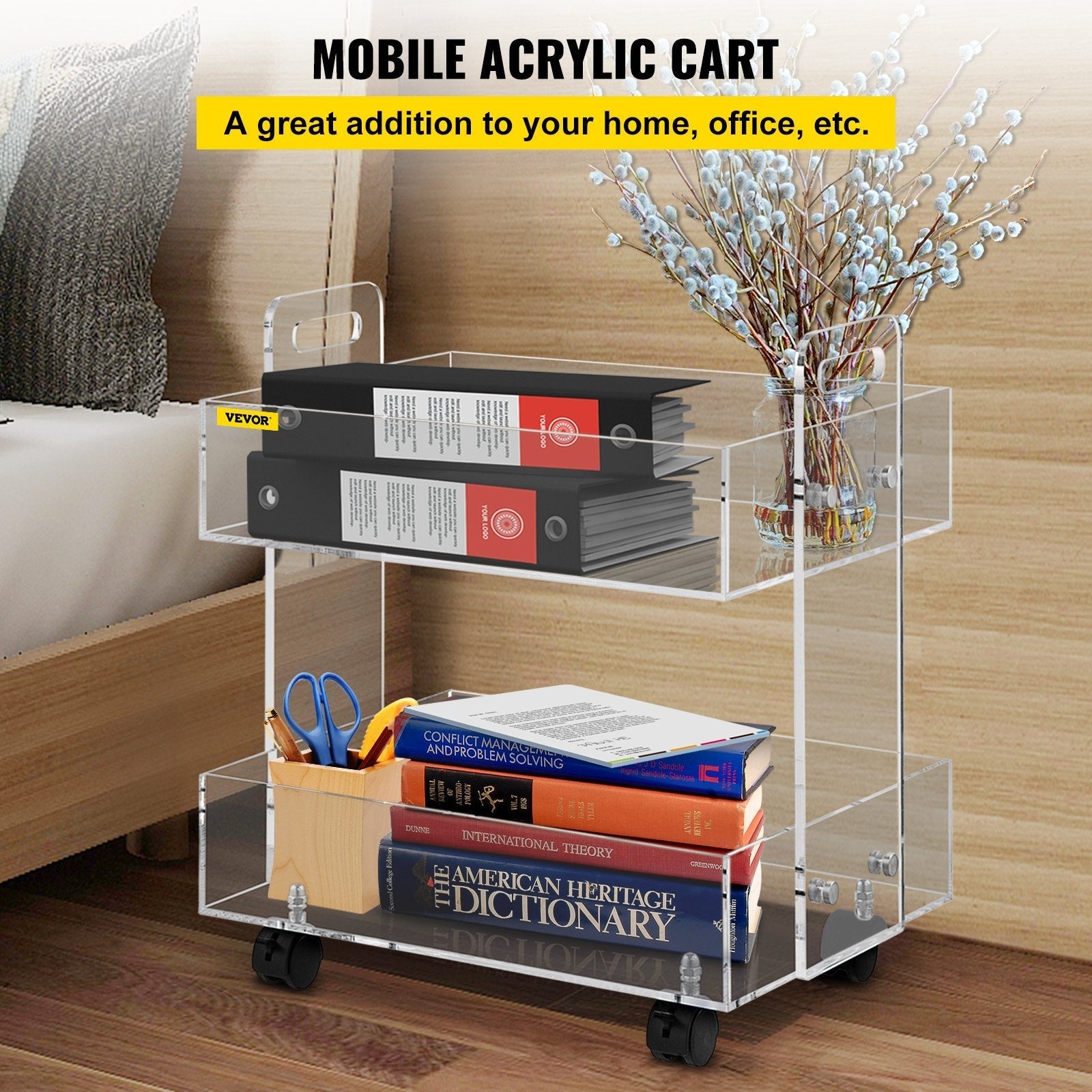 VEVOR Acrylic Cart, 2 Tier, 0.3 in Thickened Board, Holds Up to 66 lbs, Acrylic Side Table with Lockable Swivel Wheels, for Office School Home, 13.4