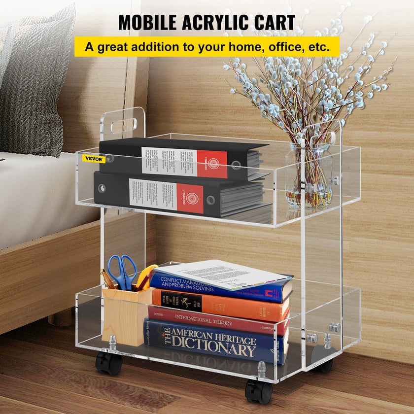 VEVOR Acrylic Cart, 2 Tier, 0.3 in Thickened Board, Holds Up to 66 lbs, Acrylic Side Table with Lockable Swivel Wheels, for Office School Home, 13.4
