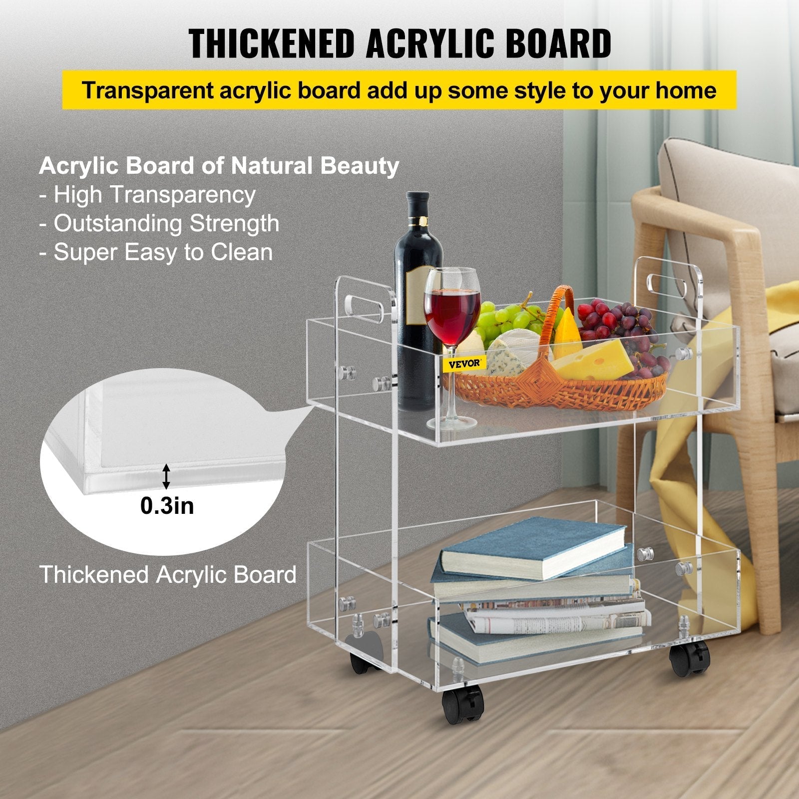 VEVOR Acrylic Cart, 2 Tier, 0.3 in Thickened Board, Holds Up to 66 lbs, Acrylic Side Table with Lockable Swivel Wheels, for Office School Home, 13.4