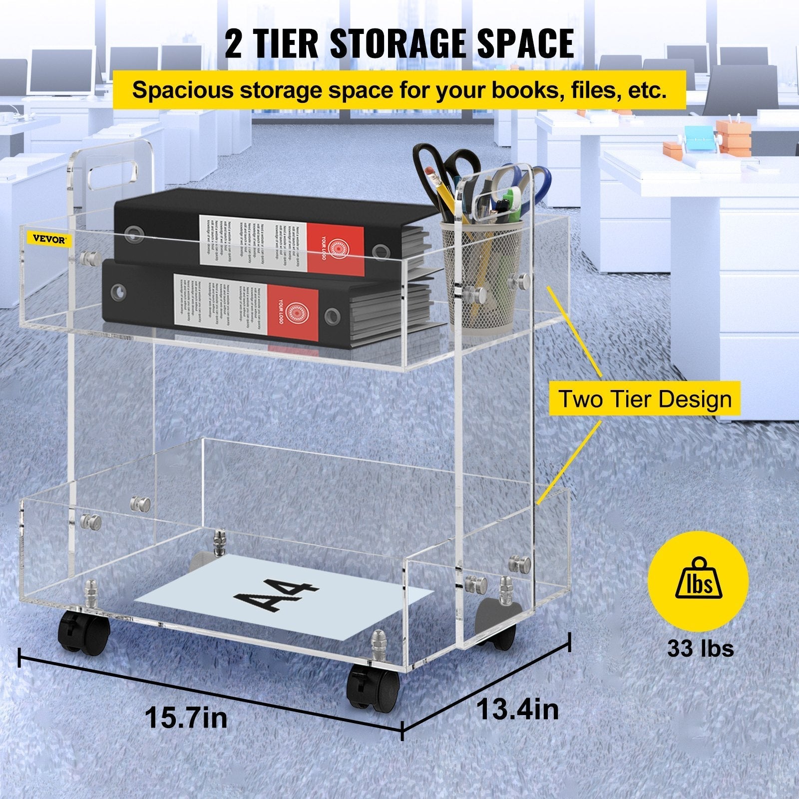 VEVOR Acrylic Cart, 2 Tier, 0.3 in Thickened Board, Holds Up to 66 lbs, Acrylic Side Table with Lockable Swivel Wheels, for Office School Home, 13.4