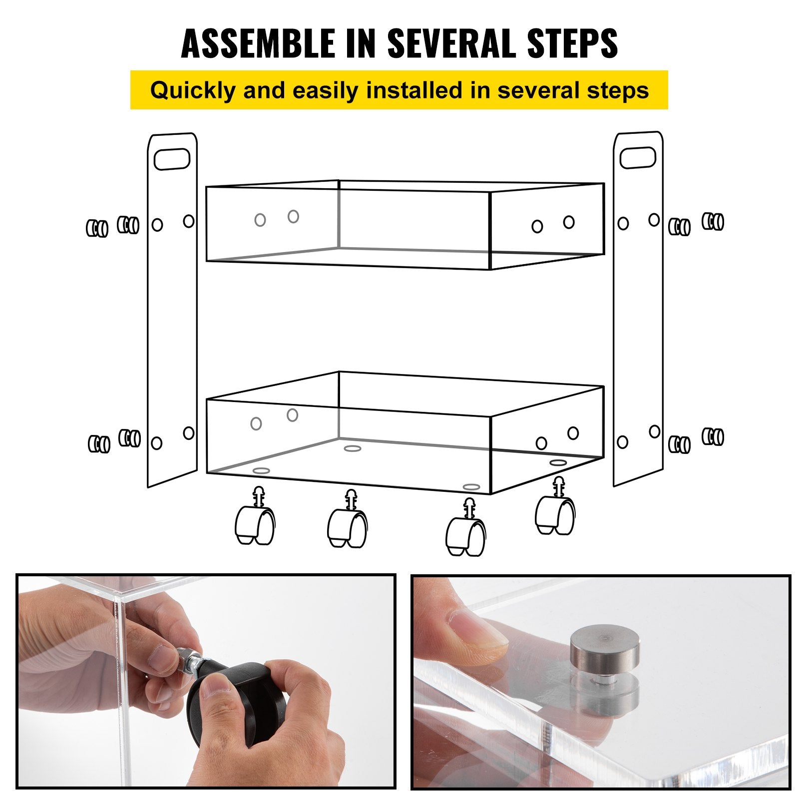 VEVOR Acrylic Cart, 2 Tier, 0.3 in Thickened Board, Holds Up to 66 lbs, Acrylic Side Table with Lockable Swivel Wheels, for Office School Home, 13.4