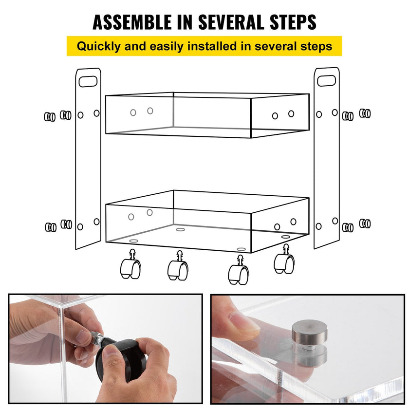 VEVOR Acrylic Cart, 2 Tier, 0.3 in Thickened Board, Holds Up to 66 lbs, Acrylic Side Table with Lockable Swivel Wheels, for Office School Home, 13.4