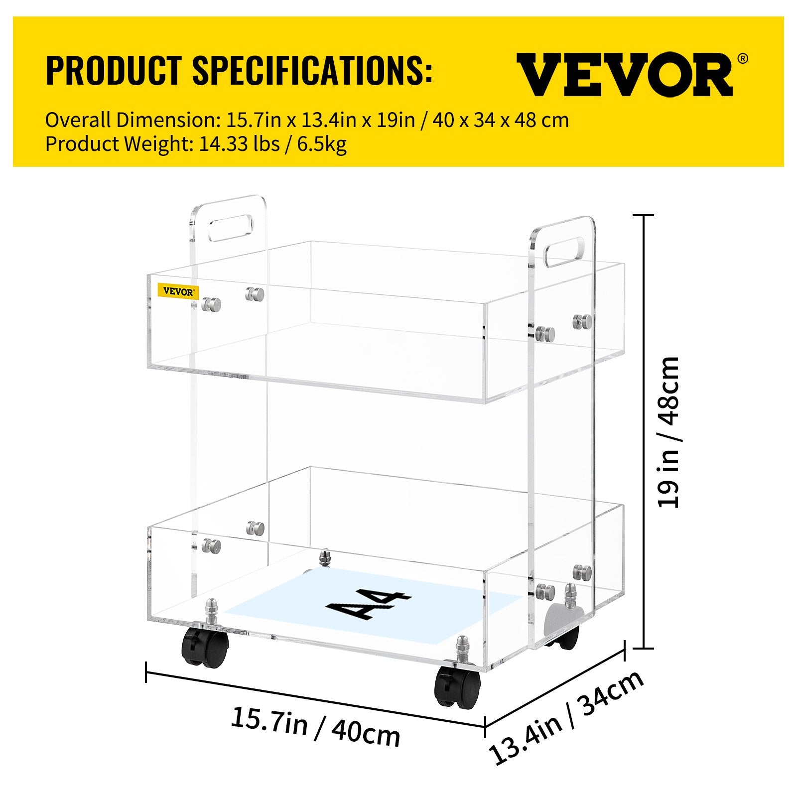 VEVOR Acrylic Cart, 2 Tier, 0.3 in Thickened Board, Holds Up to 66 lbs, Acrylic Side Table with Lockable Swivel Wheels, for Office School Home, 13.4