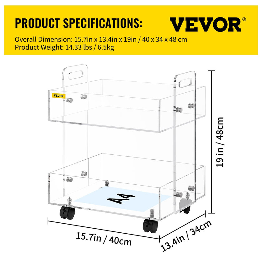 VEVOR Acrylic Cart, 2 Tier, 0.3 in Thickened Board, Holds Up to 66 lbs, Acrylic Side Table with Lockable Swivel Wheels, for Office School Home, 13.4