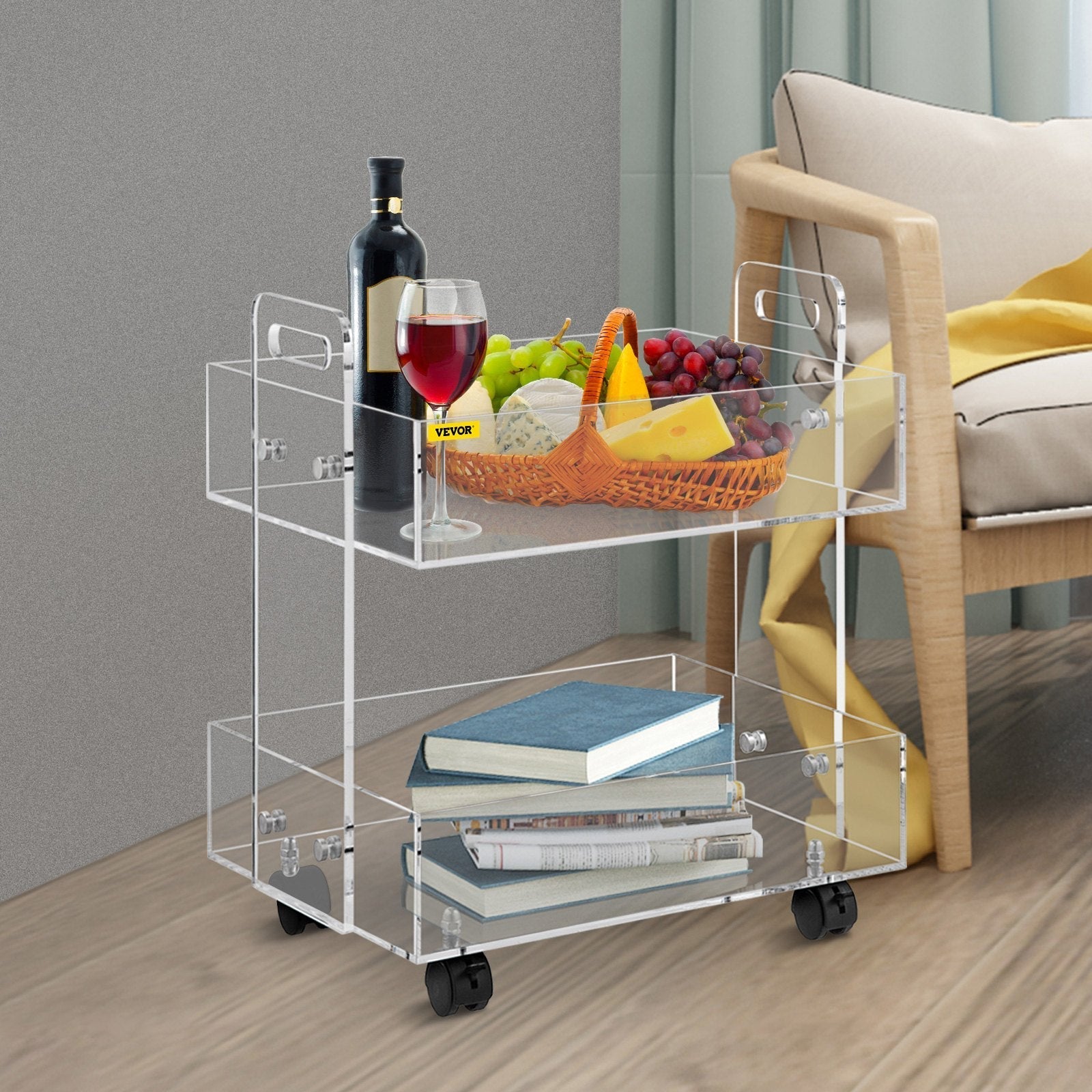 VEVOR Acrylic Cart, 2 Tier, 0.3 in Thickened Board, Holds Up to 66 lbs, Acrylic Side Table with Lockable Swivel Wheels, for Office School Home, 13.4