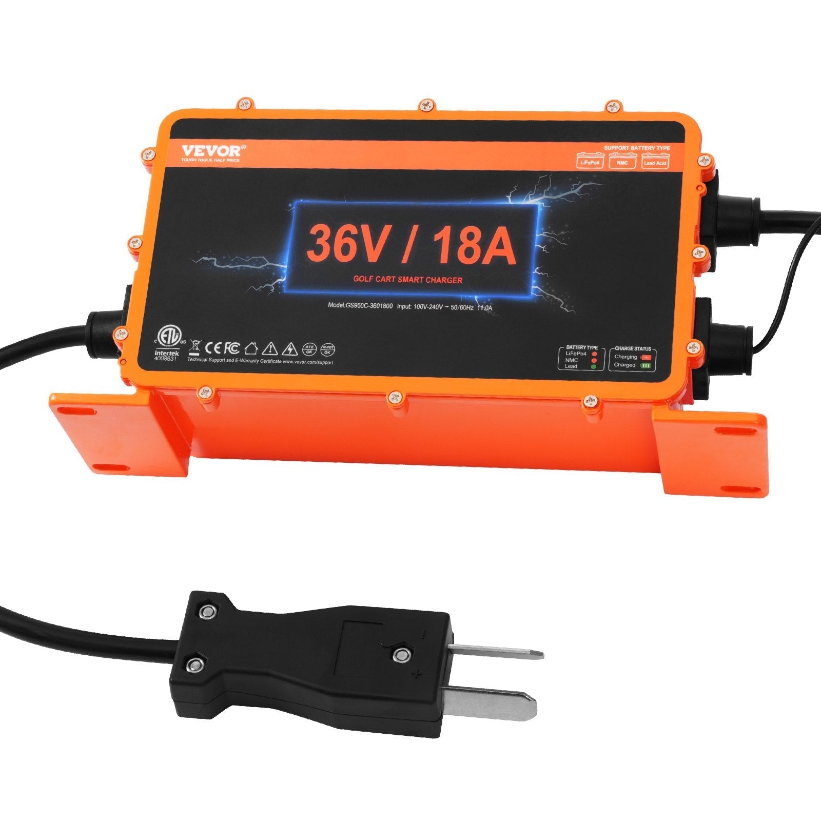 VEVOR 36 Volt Golf Cart Battery Charger, 18 AMP, Smart Club Car Charger with Crowfoot Plug, Compatible with Lead-Acid AGM/GEL/EFB MF NMC LiFePO4 Batteries for Club Car EZGO Yamaha, IP67 ETL Certified