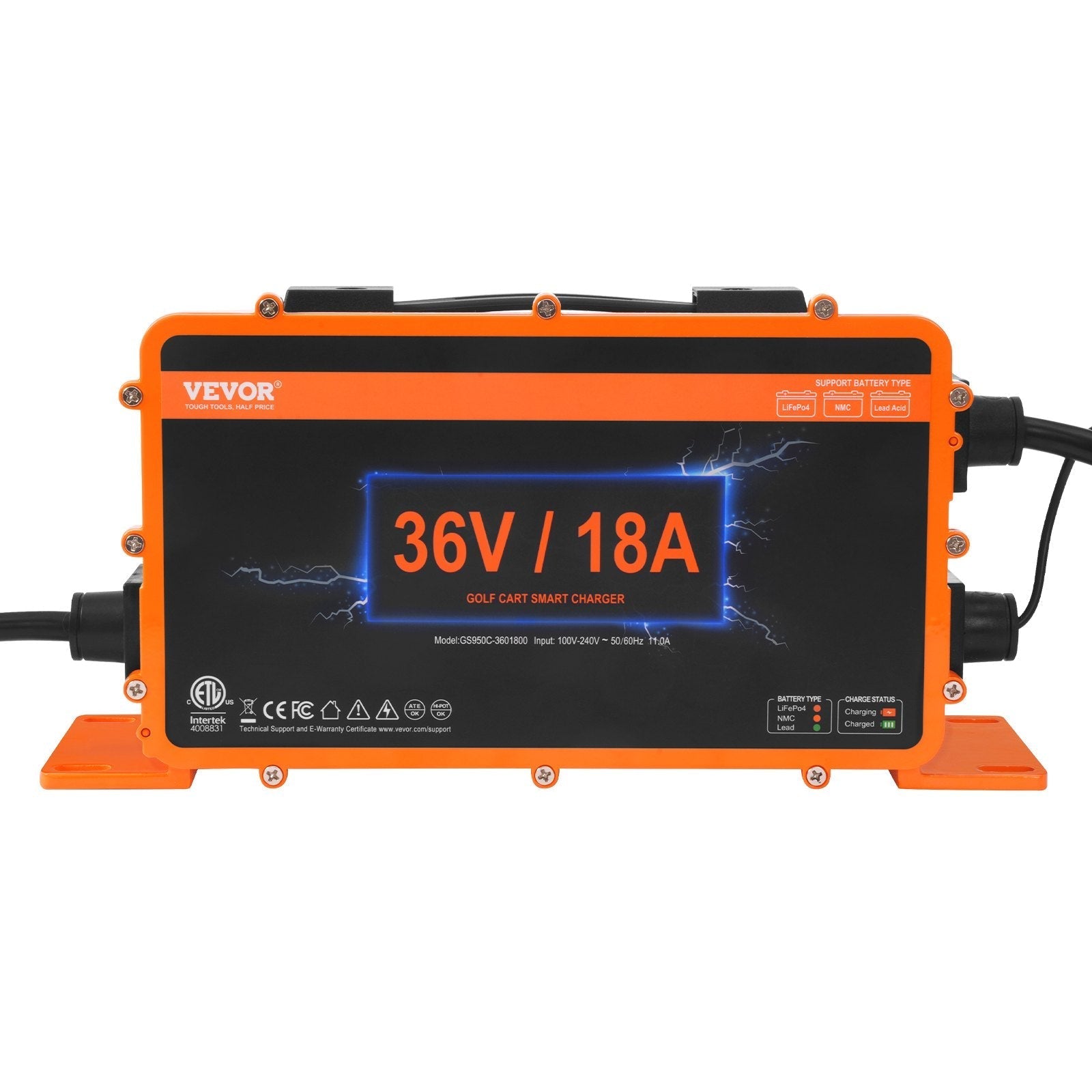 VEVOR 36 Volt Golf Cart Battery Charger, 18 AMP, Smart Battery Charger with D-Style Plug, Compatible with Lead-Acid AGM/GEL/EFB MF NMC LiFePO4 Batteries for EZGO TXT, IP67 Waterproof ETL Certified