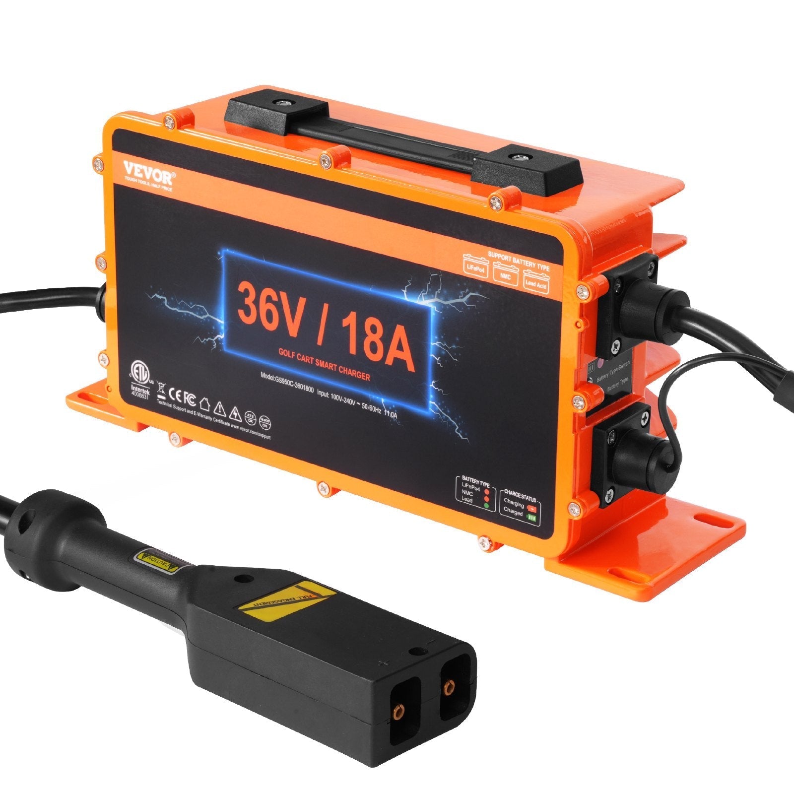 VEVOR 36 Volt Golf Cart Battery Charger, 18 AMP, Smart Battery Charger with D-Style Plug, Compatible with Lead-Acid AGM/GEL/EFB MF NMC LiFePO4 Batteries for EZGO TXT, IP67 Waterproof ETL Certified