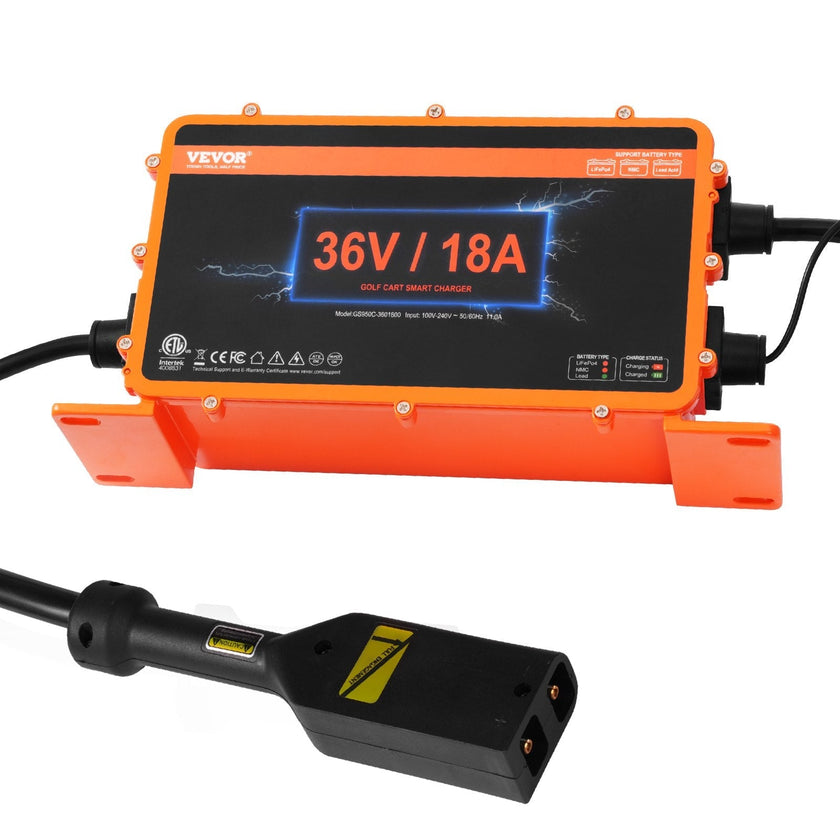 VEVOR 36 Volt Golf Cart Battery Charger, 18 AMP, Smart Battery Charger with D-Style Plug, Compatible with Lead-Acid AGM/GEL/EFB MF NMC LiFePO4 Batteries for EZGO TXT, IP67 Waterproof ETL Certified