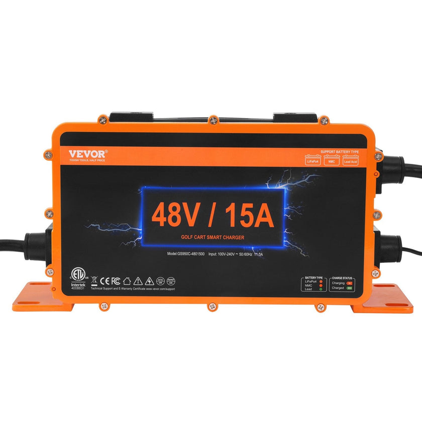 VEVOR 48 Volt Golf Cart Battery Charger, 15 AMP, Smart Battery Charger with RXV Plug, Compatible with Lead-Acid AGM/GEL/EFB MF Flooded NMC LiFePO4 Batteries for EZGO TXT, IP67 Waterproof ETL Certified