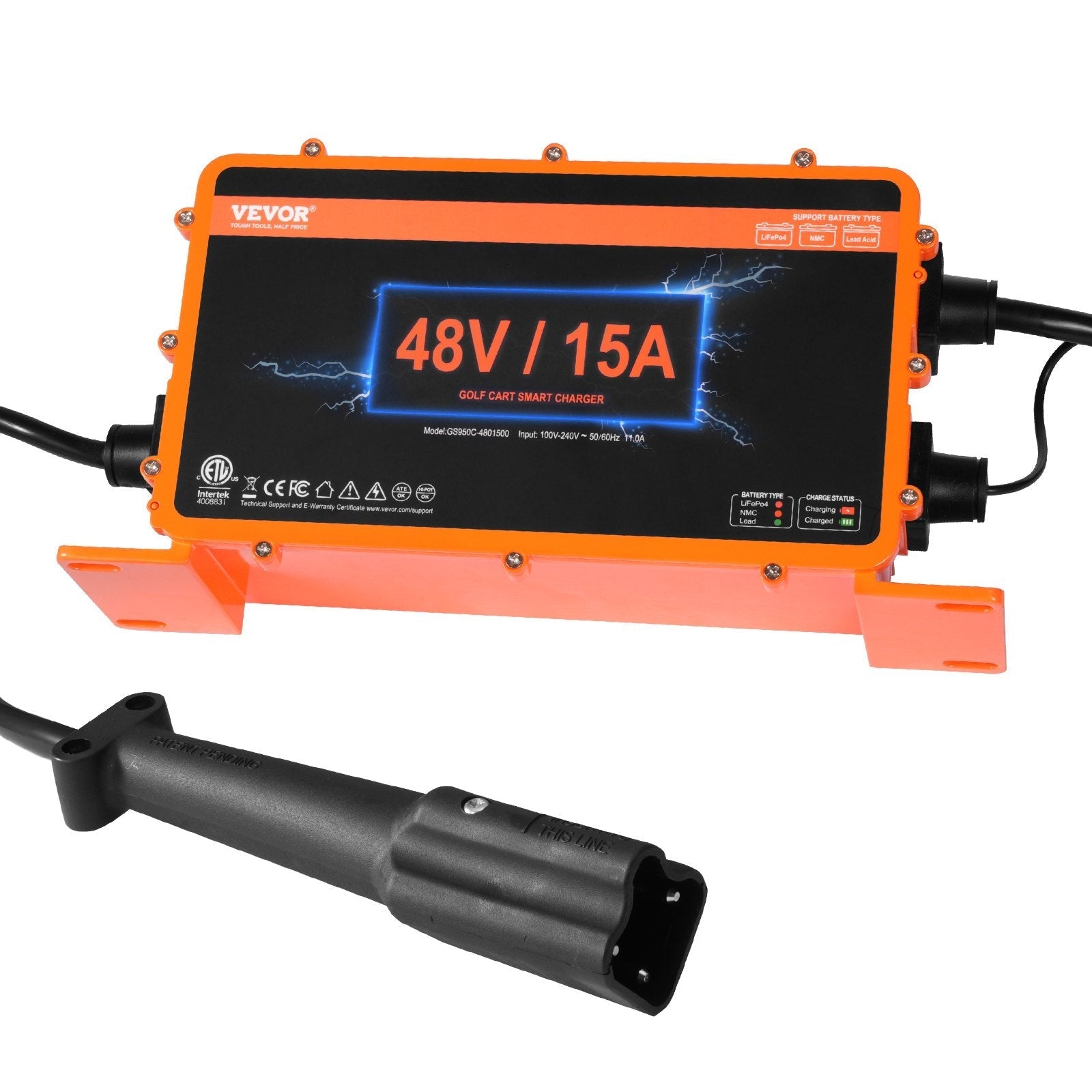 VEVOR 48 Volt Golf Cart Battery Charger, 15 AMP, Smart Battery Charger with G29 Plug, Compatible with Lead-Acid AGM/GEL/EFB MF Flooded NMC LiFePO4 Batteries for Yamaha, IP67 Waterproof ETL Certified