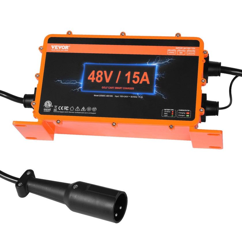 VEVOR 48 Volt Golf Cart Battery Charger, 15 AMP, Smart Battery Charger with 3-Pin Round Plug, Compatible with Lead-Acid AGM/GEL/EFB MF Flooded NMC LiFePO4 Batteries for Club Car, IP67 ETL Certified