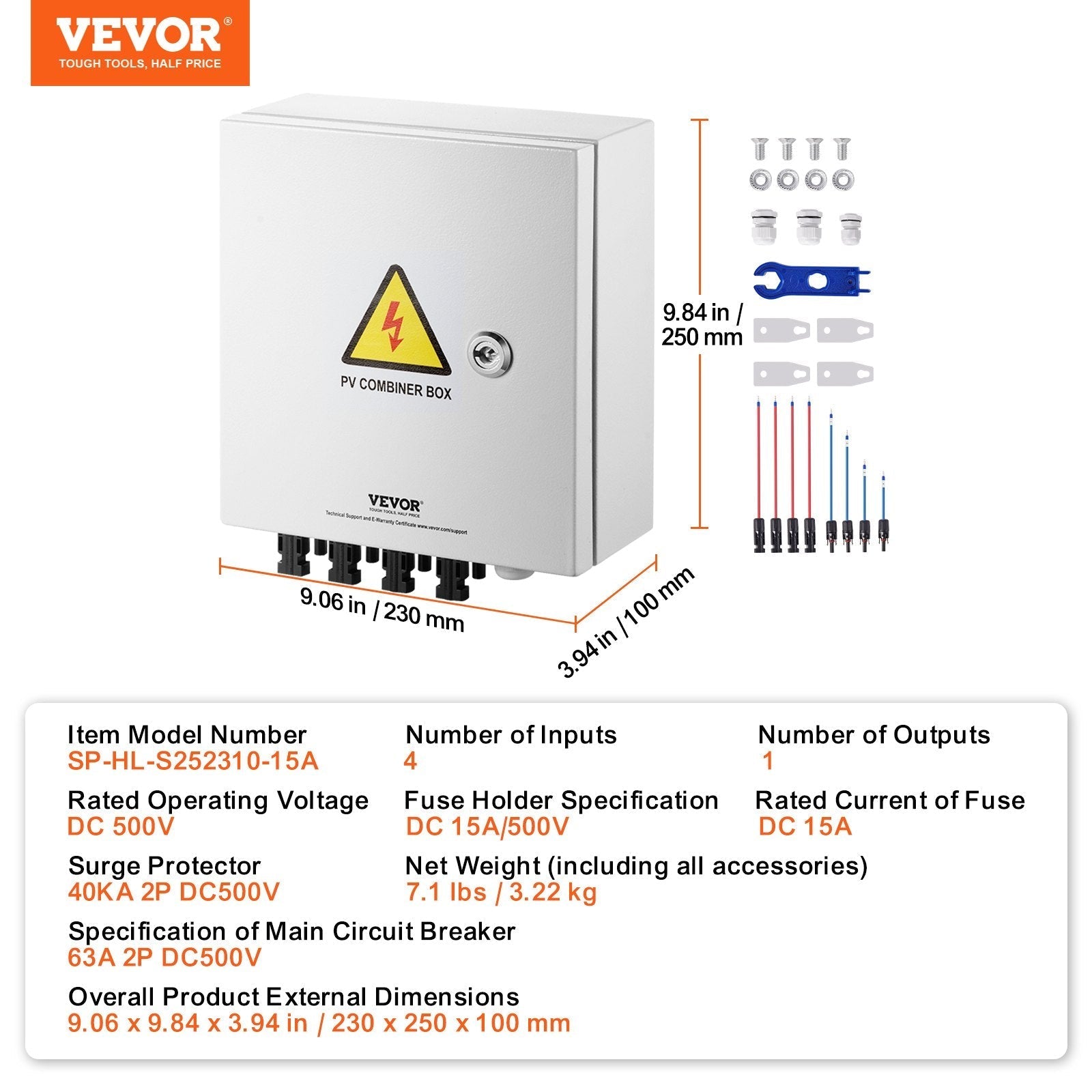 VEVOR Solar PV Combiner Box 4 String 15A for Solar Panel System Steel Case IP65