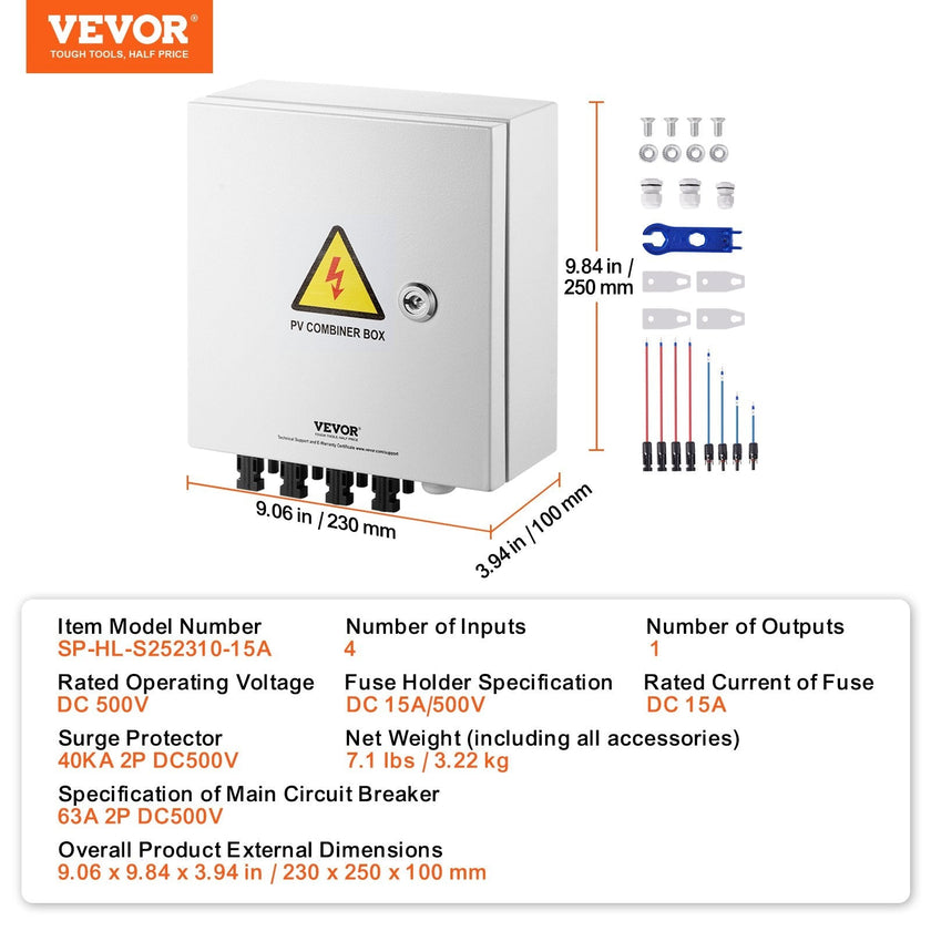 VEVOR Solar PV Combiner Box 4 String 15A for Solar Panel System Steel Case IP65