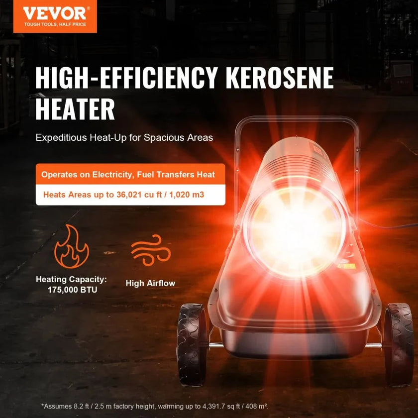 VEVOR Kerosene Forced Air Heater, 175,000 BTU Portable Torpedo Diesel Space Heater with Thermostat, 13.2 Gal Tank, Energy-Efficient for Workshop & Industry