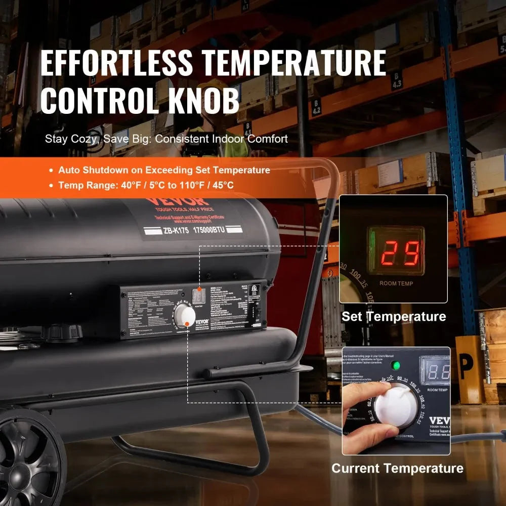 VEVOR Kerosene Forced Air Heater, 175,000 BTU Portable Torpedo Diesel Space Heater with Thermostat, 13.2 Gal Tank, Energy-Efficient for Workshop & Industry