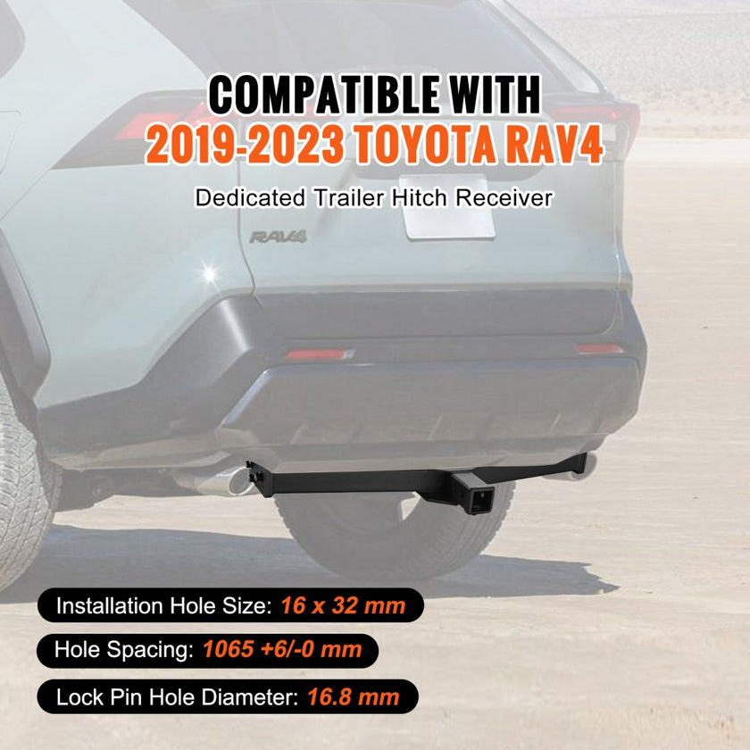 VEVOR Class 3 Trailer Hitch, 2-Inch Receiver, Q455B Steel Tube Frame, Compatible with 2019-2023 Toyota RAV4, 6000 lbs, Multi-Fit Hitch to Receive Ball Mount, Cargo Carrier, Bike Rack, Tow Hook, Black