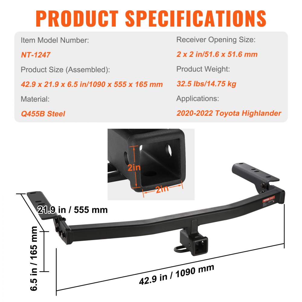 VEVOR Class 3 Trailer Hitch, 2-Inch Receiver, Q455B Steel Tube Frame, Compatible with 2020-2023 Toyota Highlander, Multi-Fit Hitch to Receive Ball Mount, Cargo Carrier, Bike Rack, and Tow Hook, Black