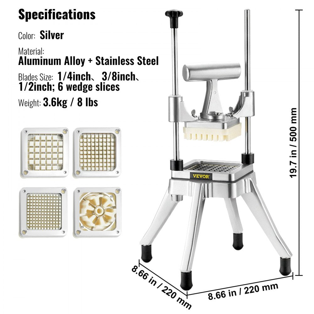 VEVOR Commercial Vegetable Fruit Chopper, Stainless Steel French Fry Cutter with 4 Blades 1/4
