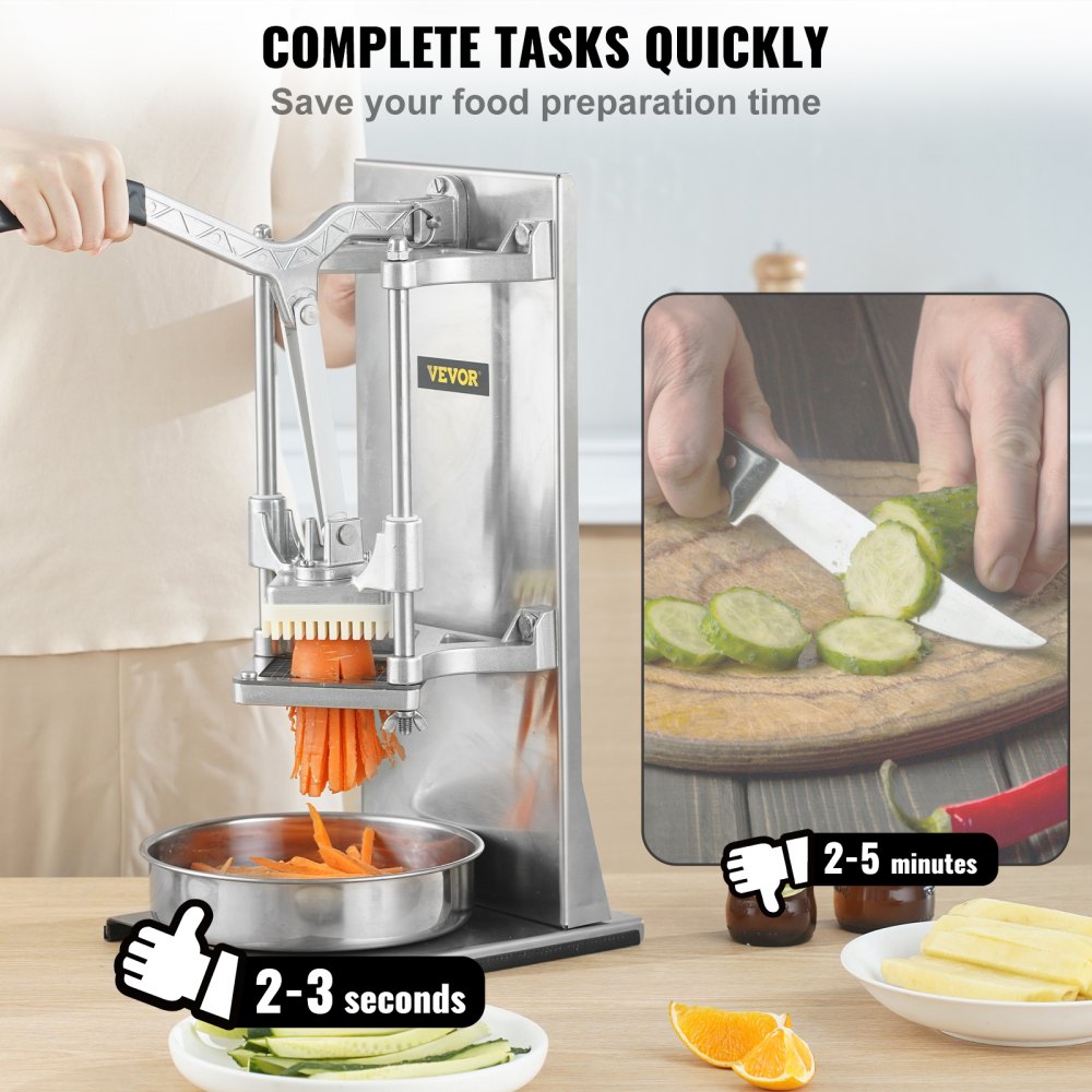 VEVOR Commercial French Fry Cutter with 4 Replacement Blades, 1/4? and 3/8? Blade Easy Dicer Chopper, 6-wedge Slicer and 6-wedge Apple Corer, Lemon Potato Cutter for French Fries with Extended Handle