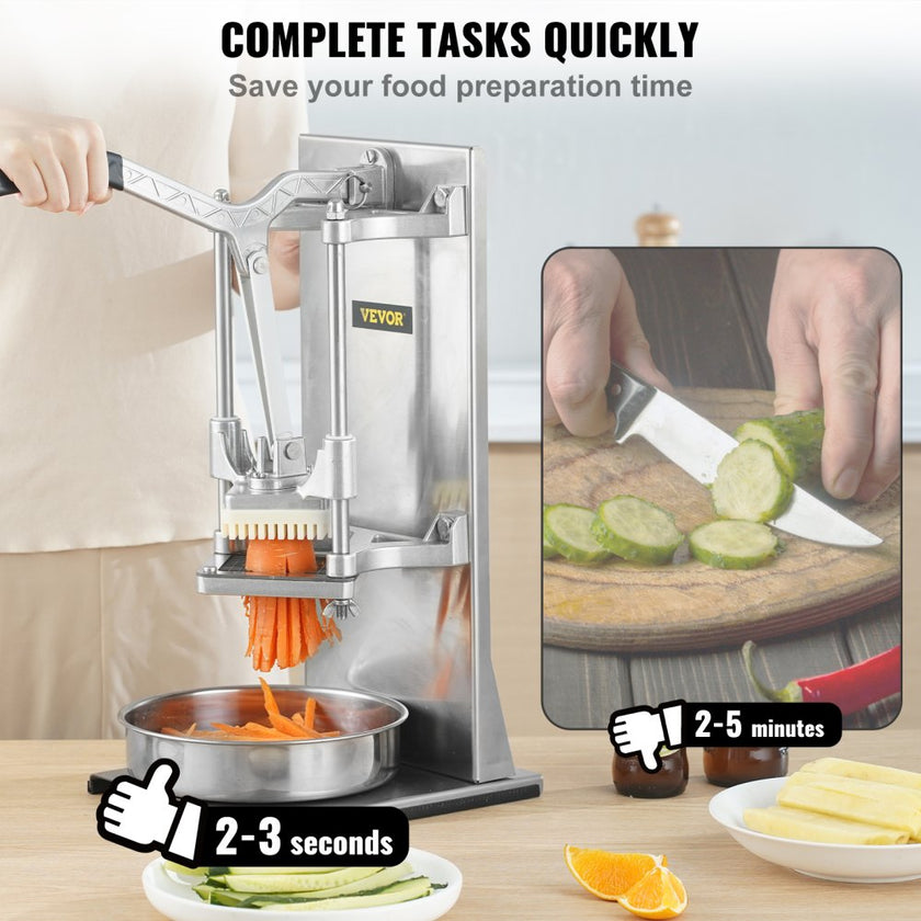 VEVOR Commercial French Fry Cutter with 4 Replacement Blades, 1/4? and 3/8? Blade Easy Dicer Chopper, 6-wedge Slicer and 6-wedge Apple Corer, Lemon Potato Cutter for French Fries with Extended Handle