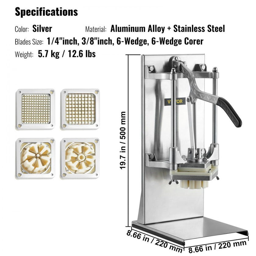 VEVOR Commercial French Fry Cutter with 4 Replacement Blades, 1/4? and 3/8? Blade Easy Dicer Chopper, 6-wedge Slicer and 6-wedge Apple Corer, Lemon Potato Cutter for French Fries with Extended Handle