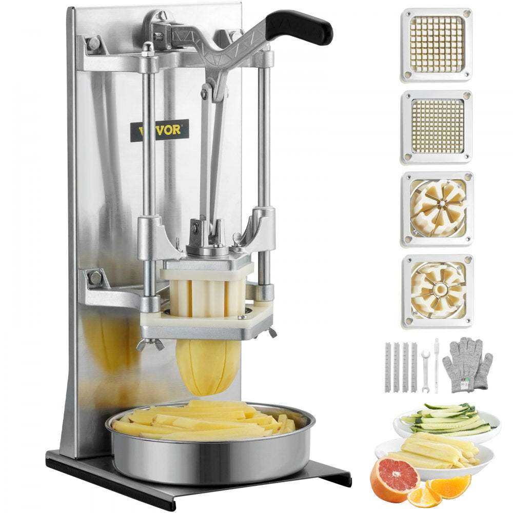 VEVOR Commercial French Fry Cutter with 4 Replacement Blades, 1/4? and 3/8? Blade Easy Dicer Chopper, 6-wedge Slicer and 6-wedge Apple Corer, Lemon Potato Cutter for French Fries with Extended Handle
