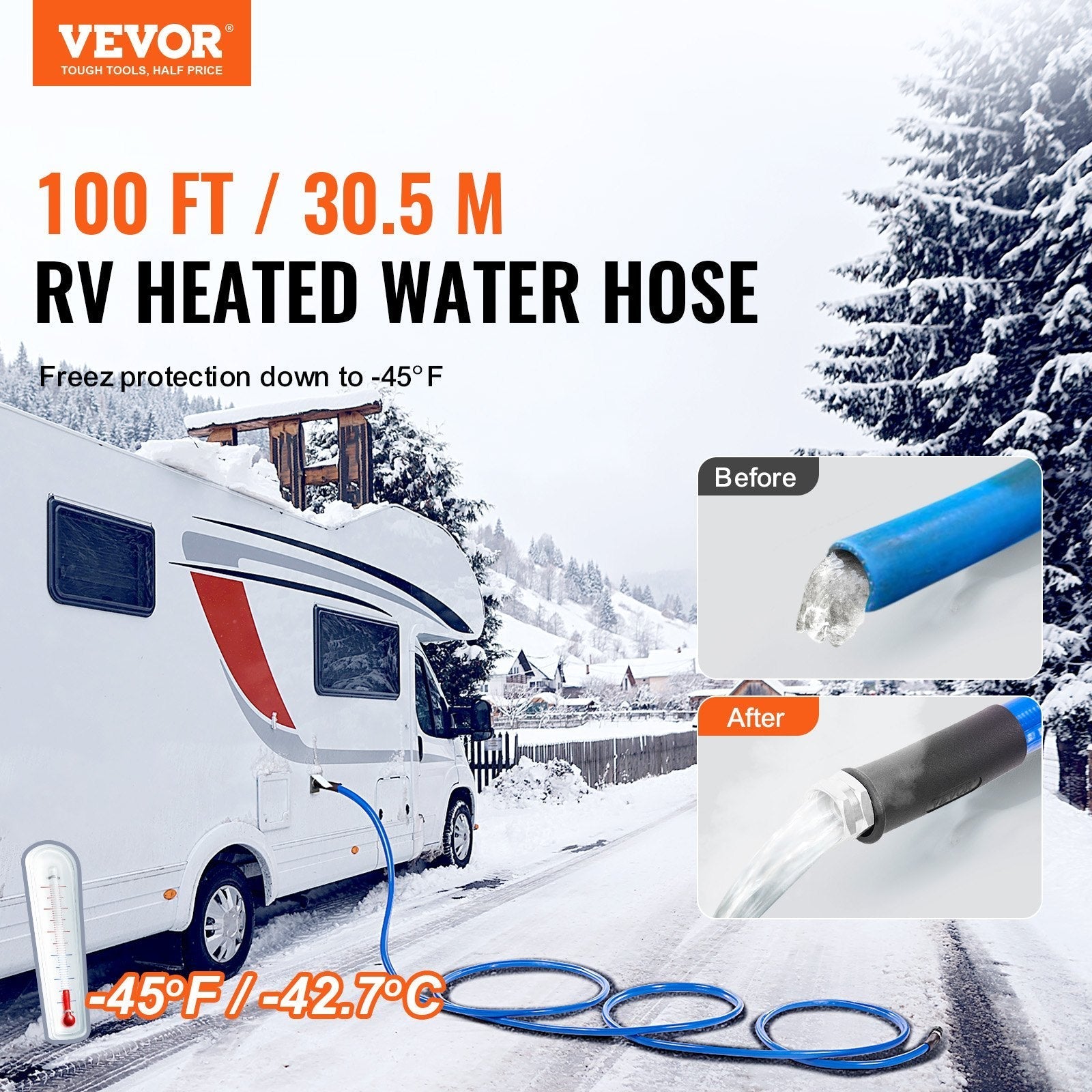 VEVOR 100ft Heated Water Hose for RV, Heated Drinking Water Hose Antifreeze to -45°F, Automatic Self-regulating, 5/8