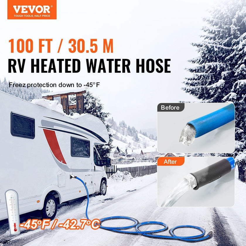 VEVOR 100ft Heated Water Hose for RV, Heated Drinking Water Hose Antifreeze to -45°F, Automatic Self-regulating, 5/8