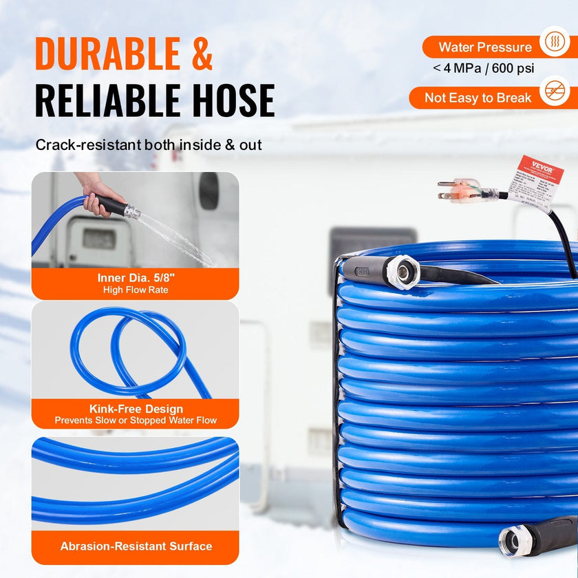 VEVOR 100ft Heated Water Hose for RV, Heated Drinking Water Hose Antifreeze to -45°F, Automatic Self-regulating, 5/8