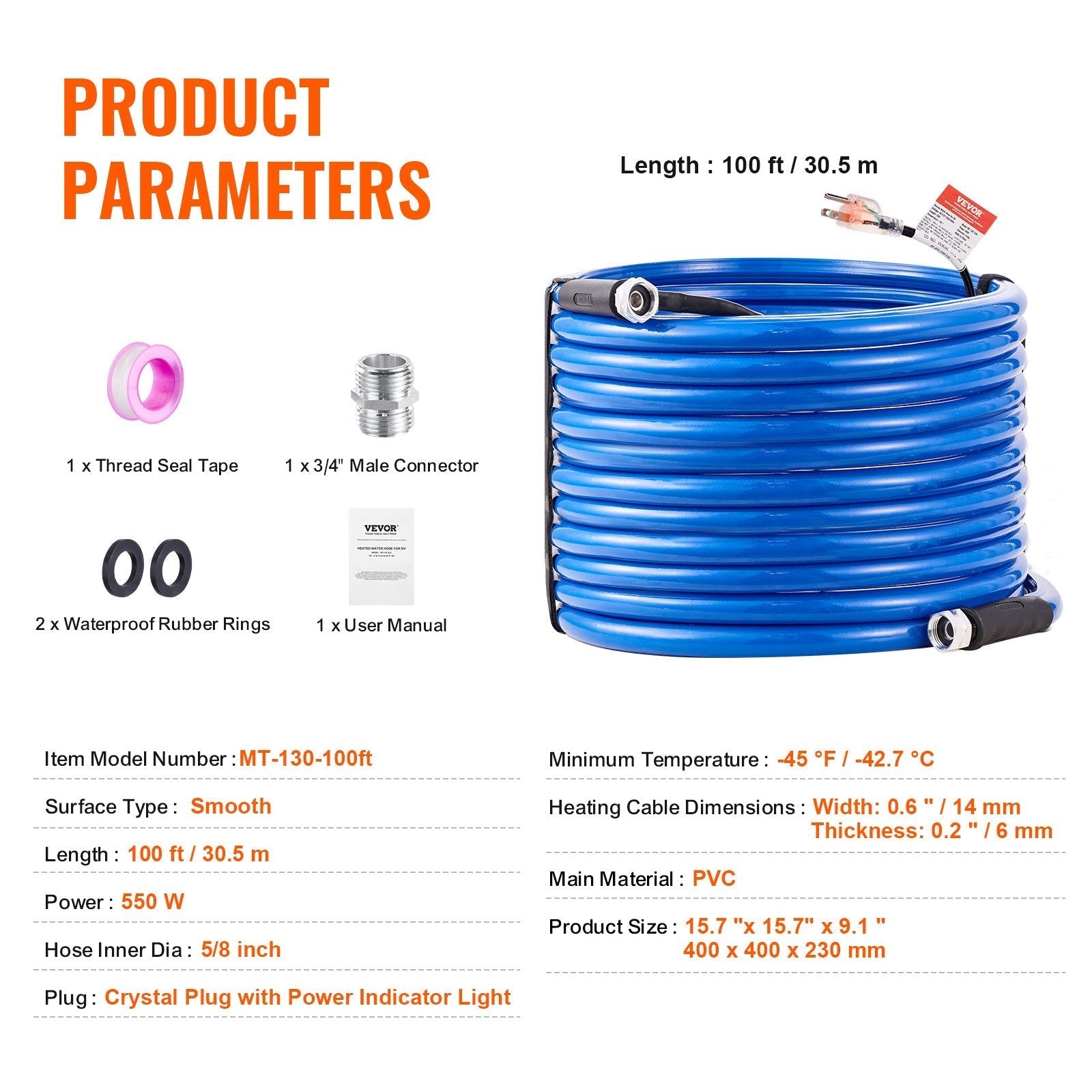 VEVOR 100ft Heated Water Hose for RV, Heated Drinking Water Hose Antifreeze to -45°F, Automatic Self-regulating, 5/8