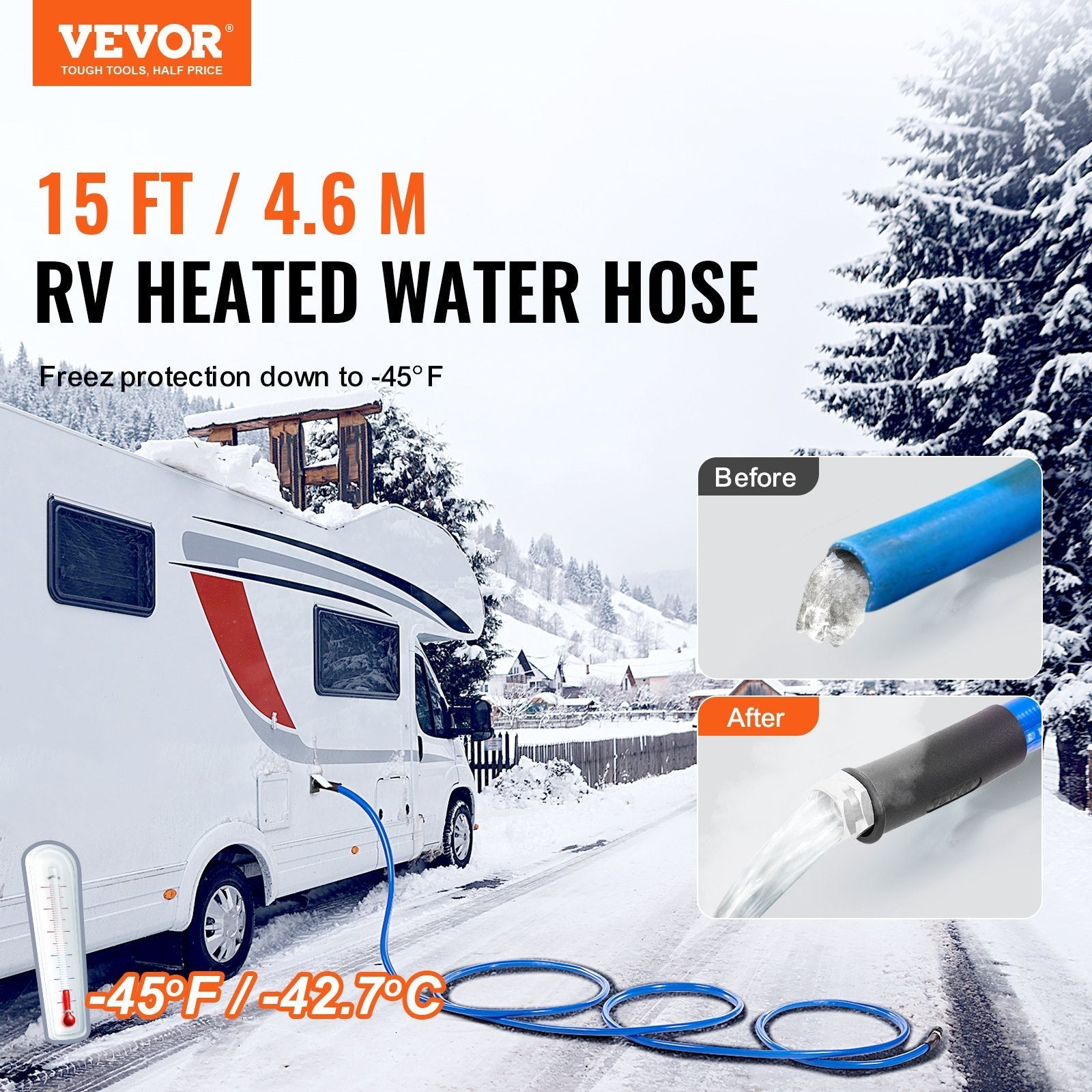 VEVOR 15ft Heated Water Hose for RV, Heated Drinking Water Hose Antifreeze to -45°F, Automatic Self-regulating, 5/8