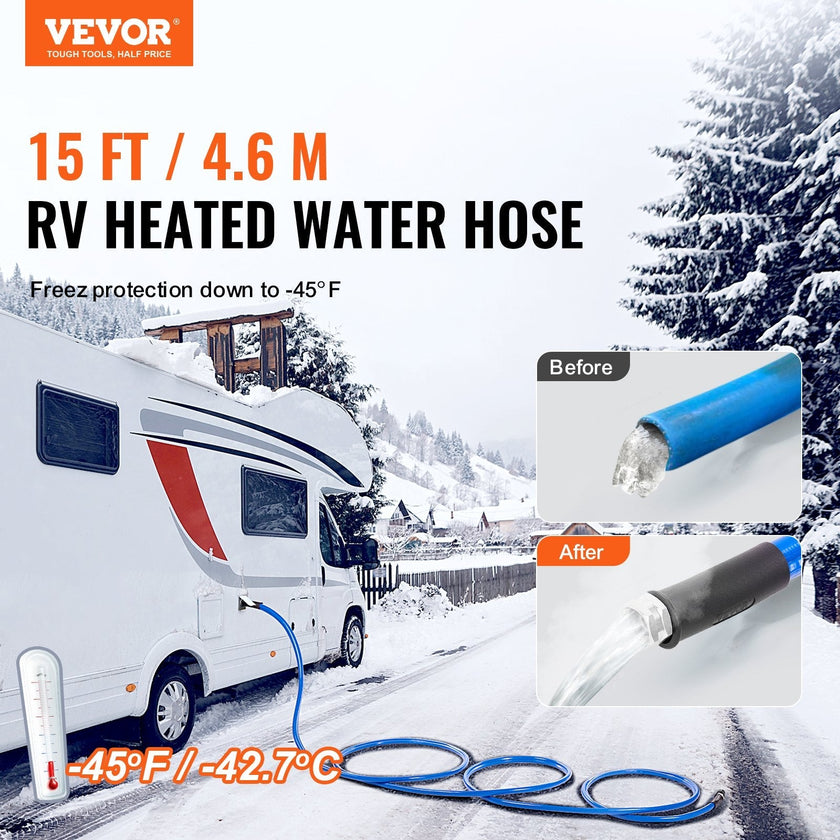 VEVOR 15ft Heated Water Hose for RV, Heated Drinking Water Hose Antifreeze to -45°F, Automatic Self-regulating, 5/8