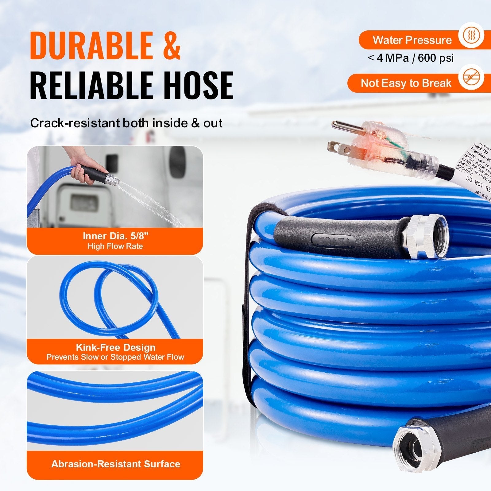 VEVOR 15ft Heated Water Hose for RV, Heated Drinking Water Hose Antifreeze to -45°F, Automatic Self-regulating, 5/8