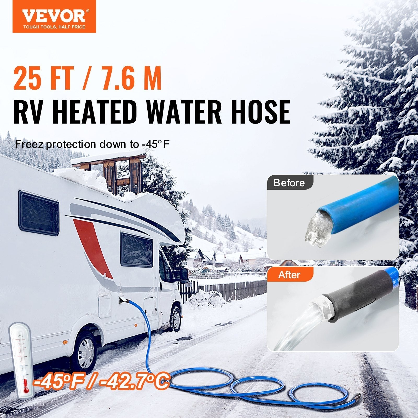 VEVOR 25ft Heated Water Hose for RV, Heated Drinking Water Hose Antifreeze to -45°F, Automatic Self-regulating, 5/8