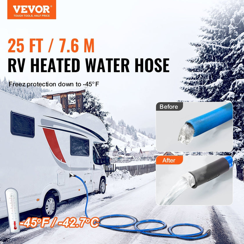VEVOR 25ft Heated Water Hose for RV, Heated Drinking Water Hose Antifreeze to -45°F, Automatic Self-regulating, 5/8