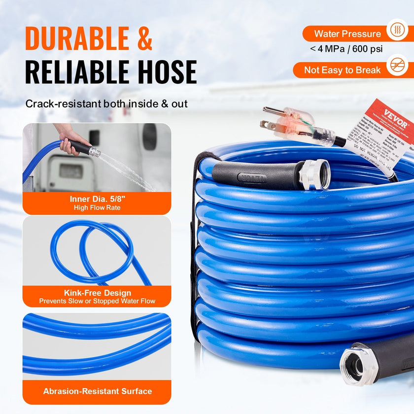 VEVOR 25ft Heated Water Hose for RV, Heated Drinking Water Hose Antifreeze to -45°F, Automatic Self-regulating, 5/8