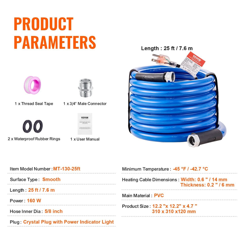 VEVOR 25ft Heated Water Hose for RV, Heated Drinking Water Hose Antifreeze to -45°F, Automatic Self-regulating, 5/8