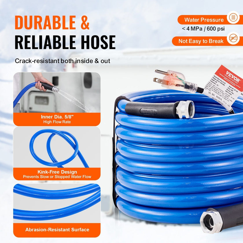 VEVOR 30ft Heated Water Hose for RV, Heated Drinking Water Hose Antifreeze to -45°F, Automatic Self-regulating, 5/8