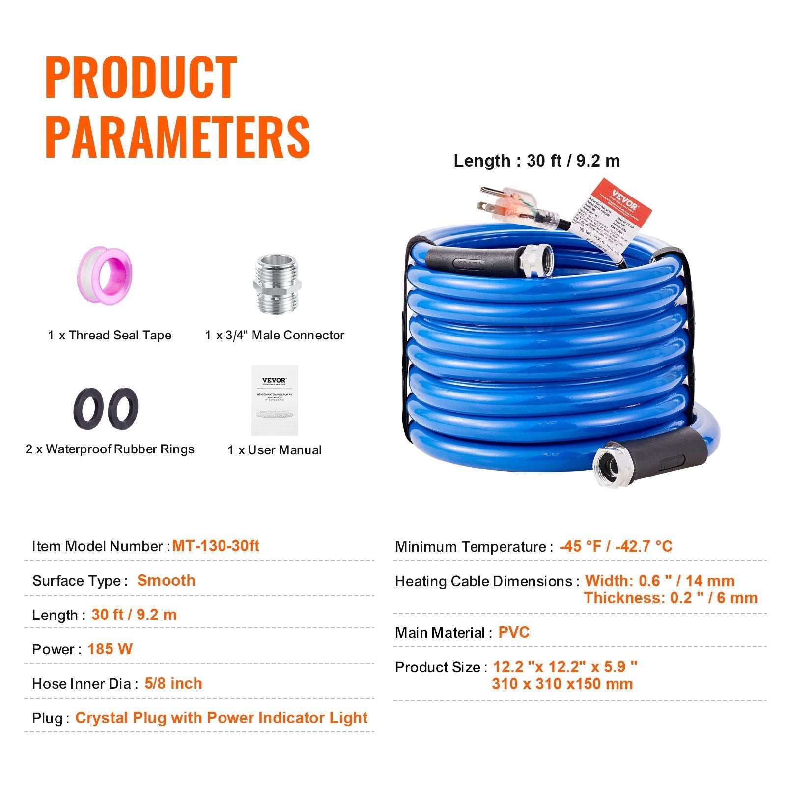 VEVOR 30ft Heated Water Hose for RV, Heated Drinking Water Hose Antifreeze to -45°F, Automatic Self-regulating, 5/8