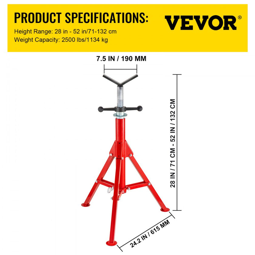 VEVOR V Head Pipe Stand Adjustable Height 28-52 Inch, Pipe Jack Stands 2500 LB. Capacity,Folding Portable Pipe Stands 1/2 to 12 Inch Pipe Supporting,Steel Jack Stands